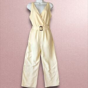 WISH Frida Sleeveless Crossover V Neck Belted Wide Leg Jumpsuit Size S Beige
